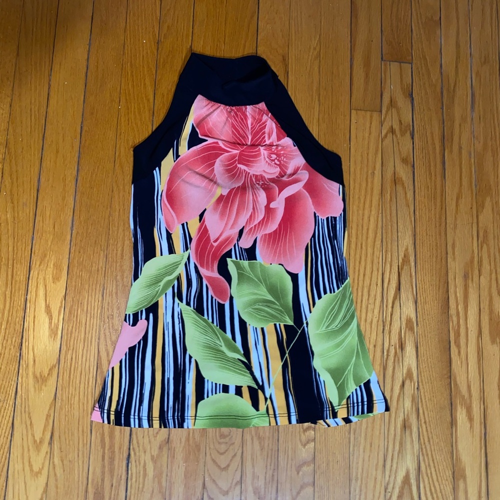 Pink and Green Sleeveless Halter Sheath Top